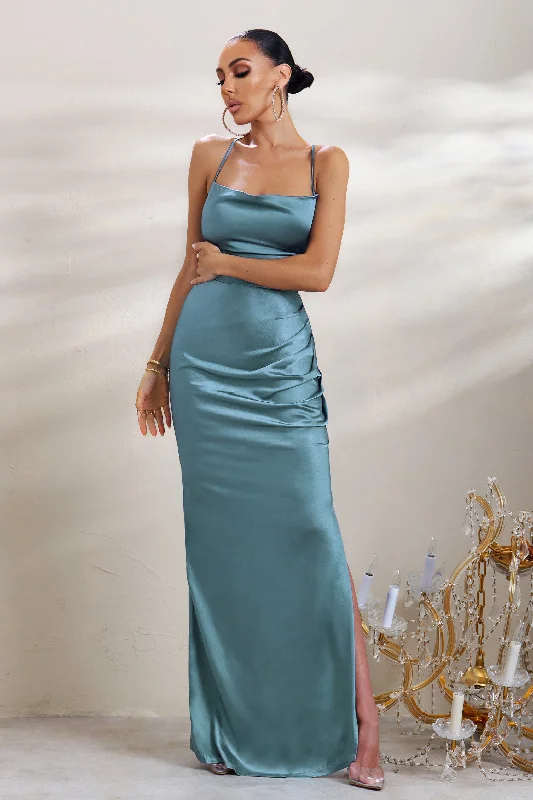 A-List | Blue Satin Cowl Maxi Dress With Thigh Split