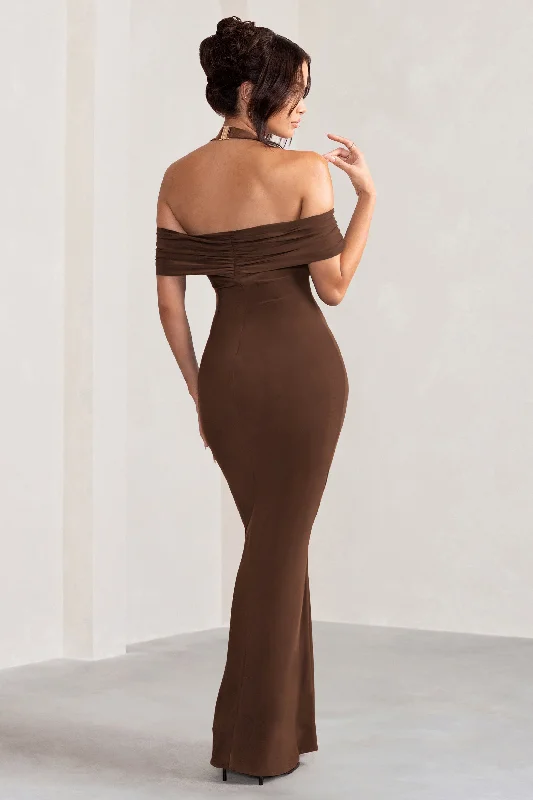 Anisa | Chocolate Brown Layered Halter Neck Bardot Maxi Dress With Thigh Split