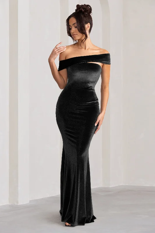 Candela | Black Velvet Asymmetric Bardot Maxi Dress