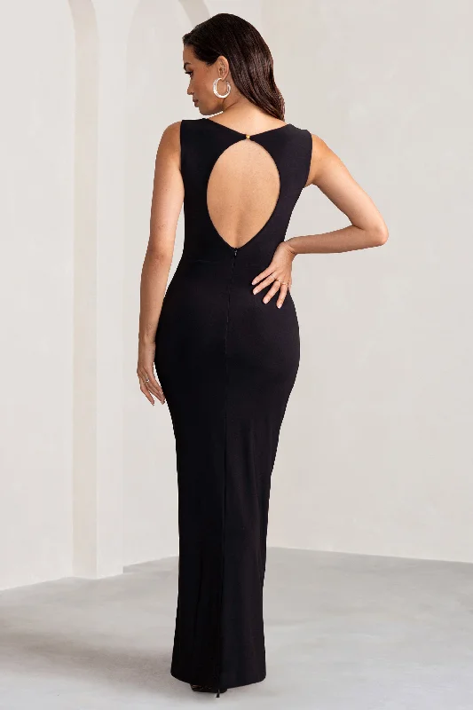 Ione | Black Ruched Wide Neck Maxi Dress With Open Back Detail