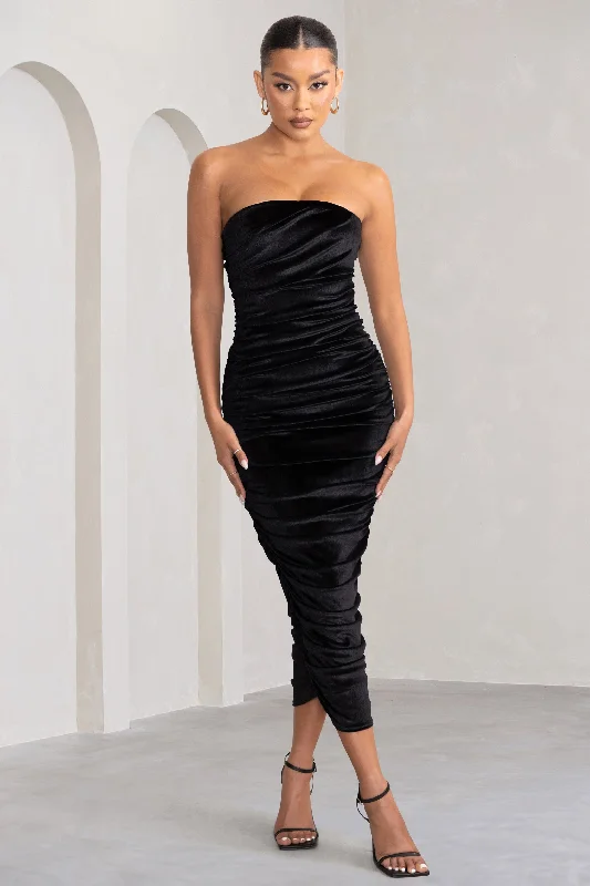 My Lady | Black Velvet Strapless Bodycon Ruched Maxi Dress