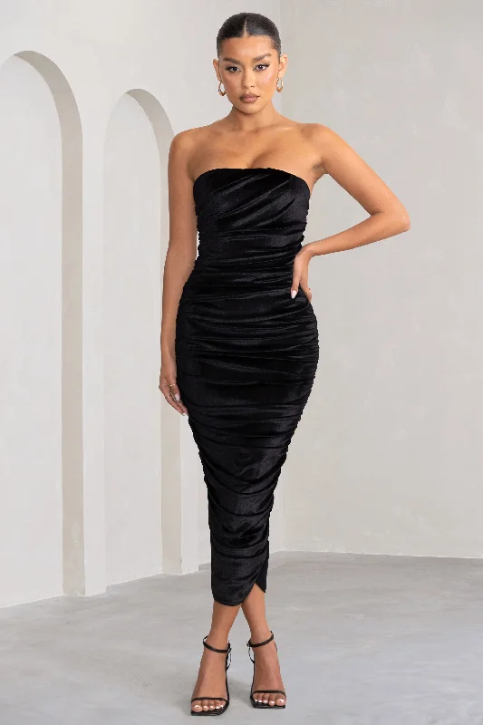 My Lady | Black Velvet Strapless Bodycon Ruched Maxi Dress