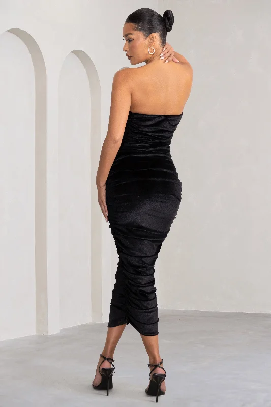 My Lady | Black Velvet Strapless Bodycon Ruched Maxi Dress