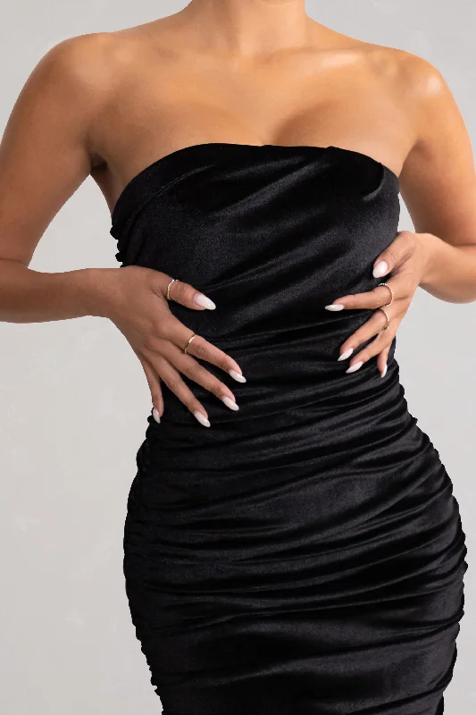 My Lady | Black Velvet Strapless Bodycon Ruched Maxi Dress