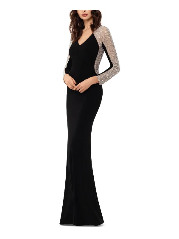 Petites Womens Embellished Mesh Evening Dress