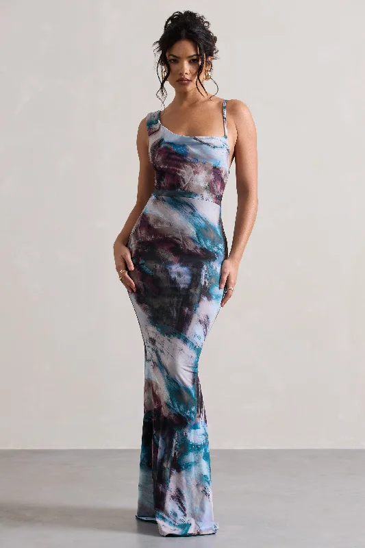 Phantasy | Multi Print Asymmetric Neckline Cowl Maxi Dress