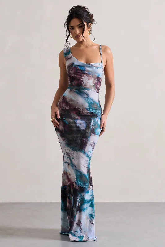 Phantasy | Multi Print Asymmetric Neckline Cowl Maxi Dress