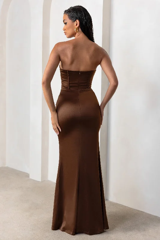 Sensual Notes | Chocolate Brown Satin Strapless Corset Thigh Split Maxi Dress