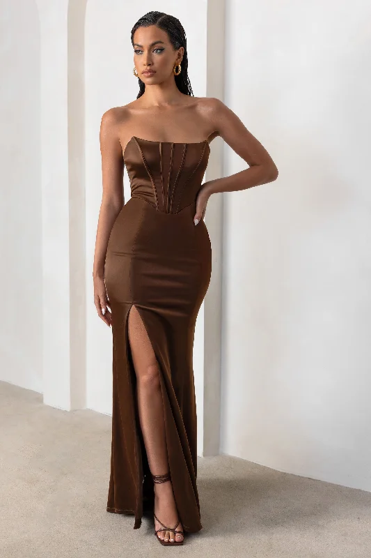 Sensual Notes | Chocolate Brown Satin Strapless Corset Thigh Split Maxi Dress