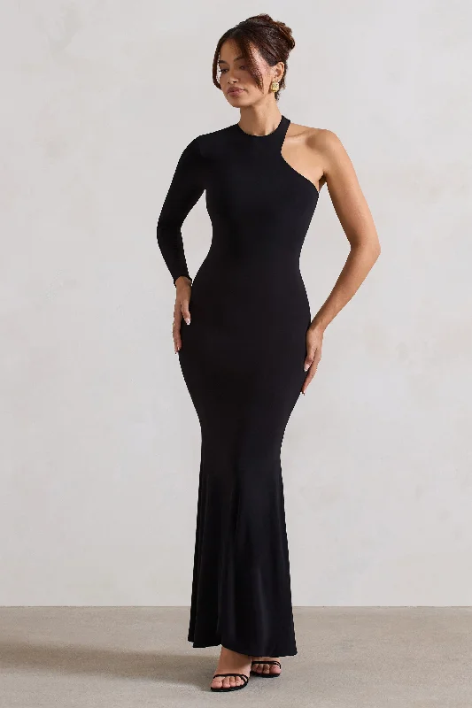 Tyra | Black Asymmetric Neck Cut Out Maxi Dress With Open Back Detail