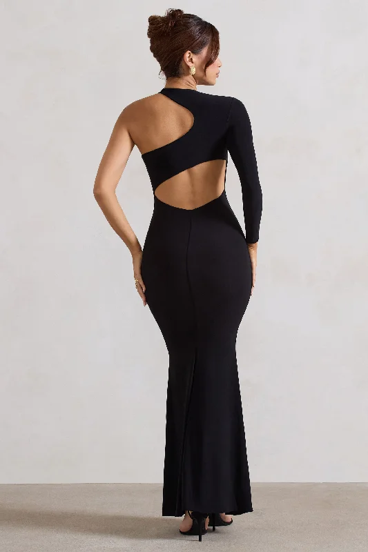 Tyra | Black Asymmetric Neck Cut Out Maxi Dress With Open Back Detail