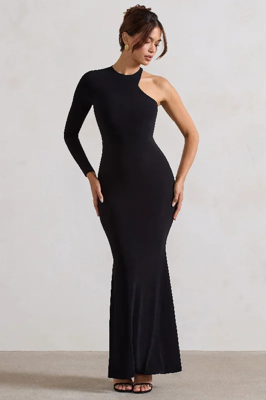 Tyra | Black Asymmetric Neck Cut Out Maxi Dress With Open Back Detail