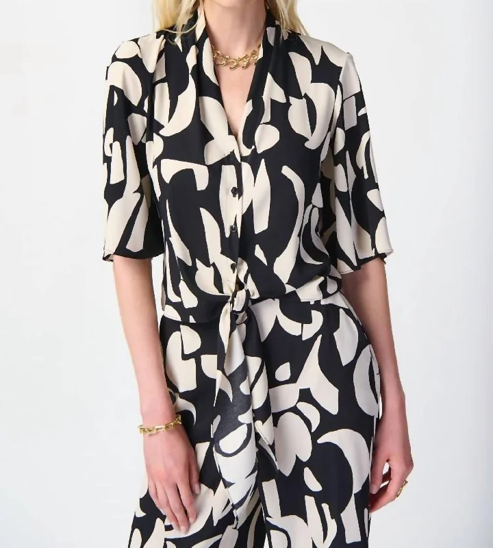 Abstract Print Woven Front Tie Blouse In Black/moonstone