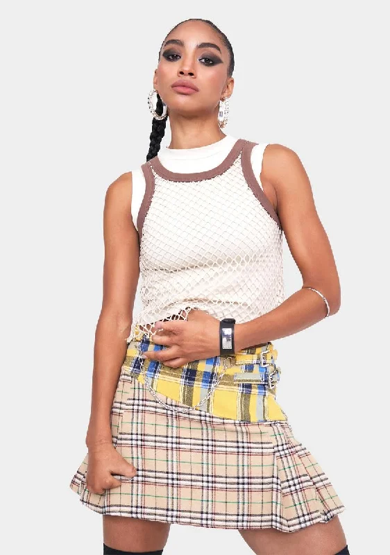 Check Mix Pleated Mini Skirt With Buckles & Chain