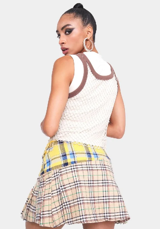 Check Mix Pleated Mini Skirt With Buckles & Chain