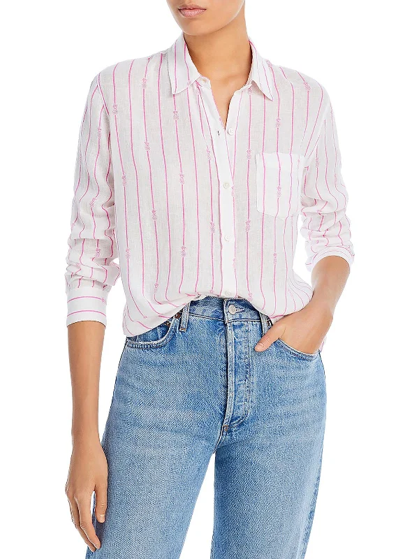 Womens Striped Collared Button-Down Top