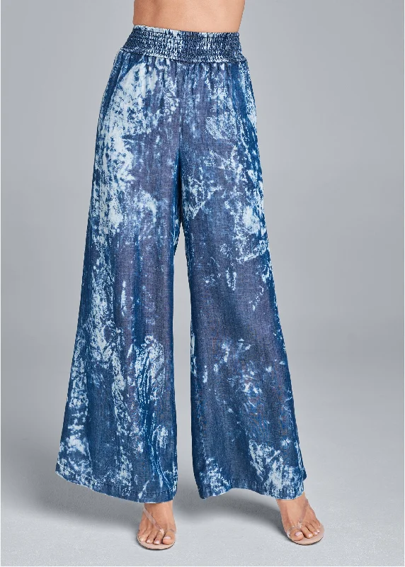 Tie dye wide leg chambray pants - Blue Multi