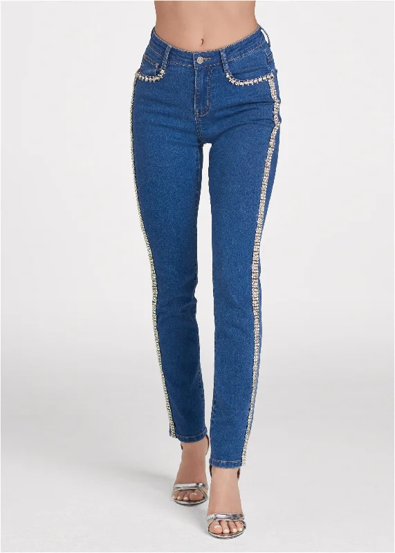 Rhinestone embellished skinny jeans - Medium Wash