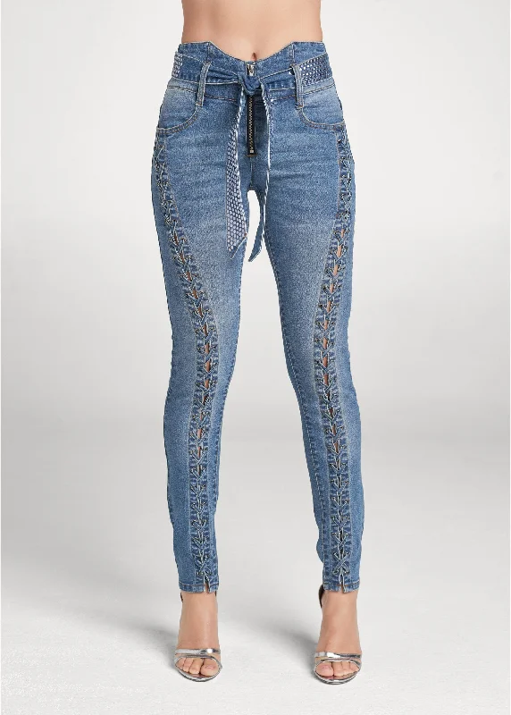 Lace up tie belt skinny jeans - Medium Wash