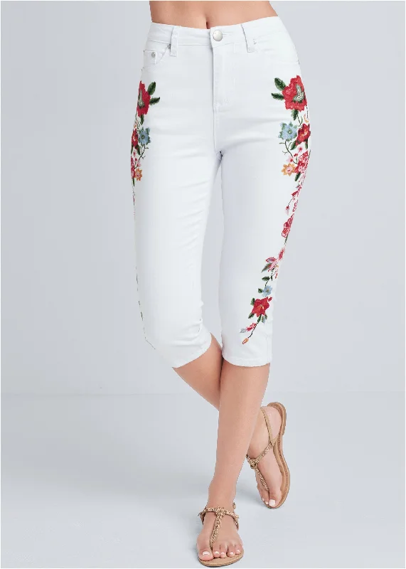 Floral embroidered jean capris - White Denim