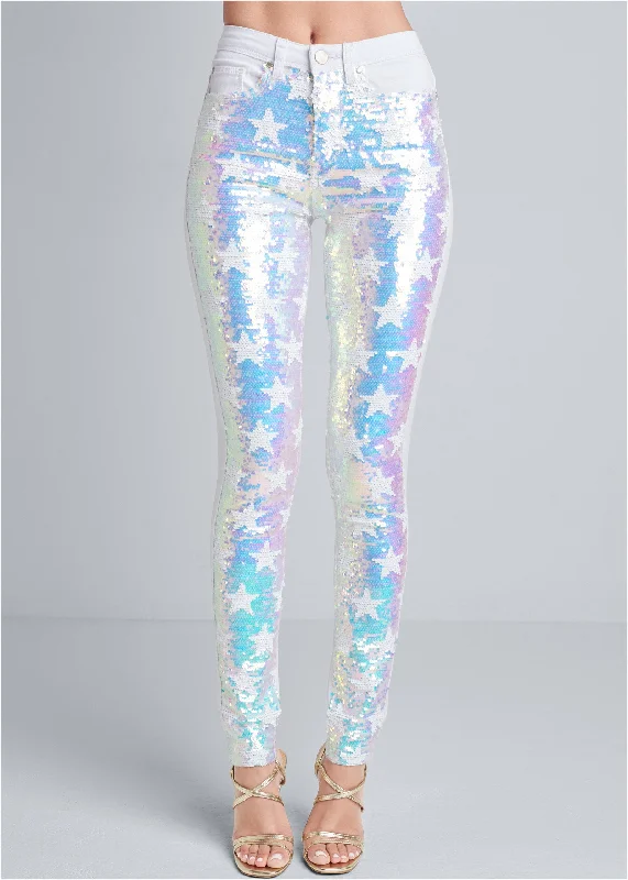 Reversible sequin front skinny jeans with stars - White