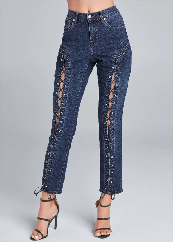 Lace-up skinny jeans - Dark Wash