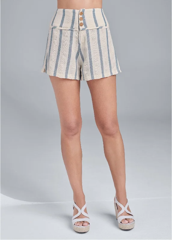 Striped button-front shorts - Cream & Blue