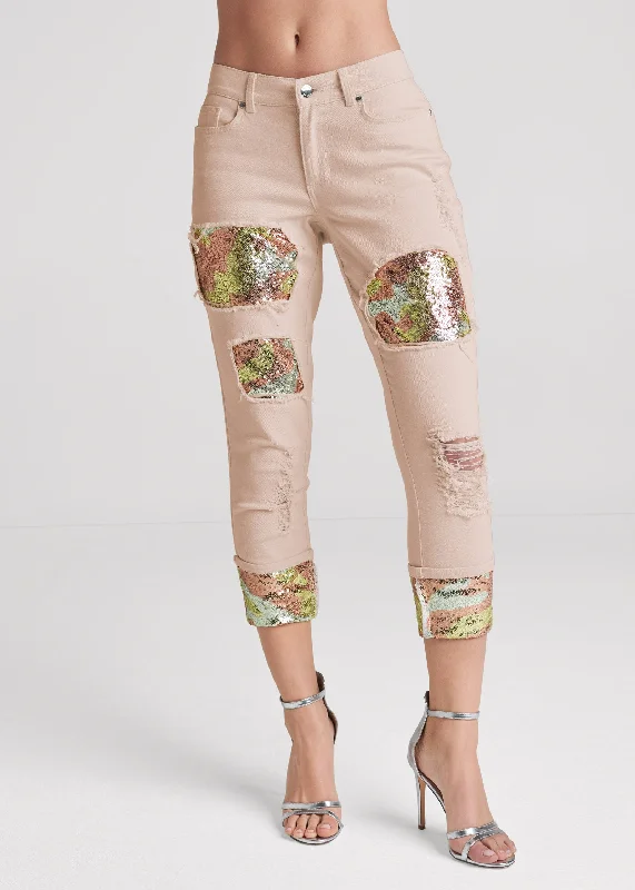 Cuffed cropped sequin camo jeans - Blush