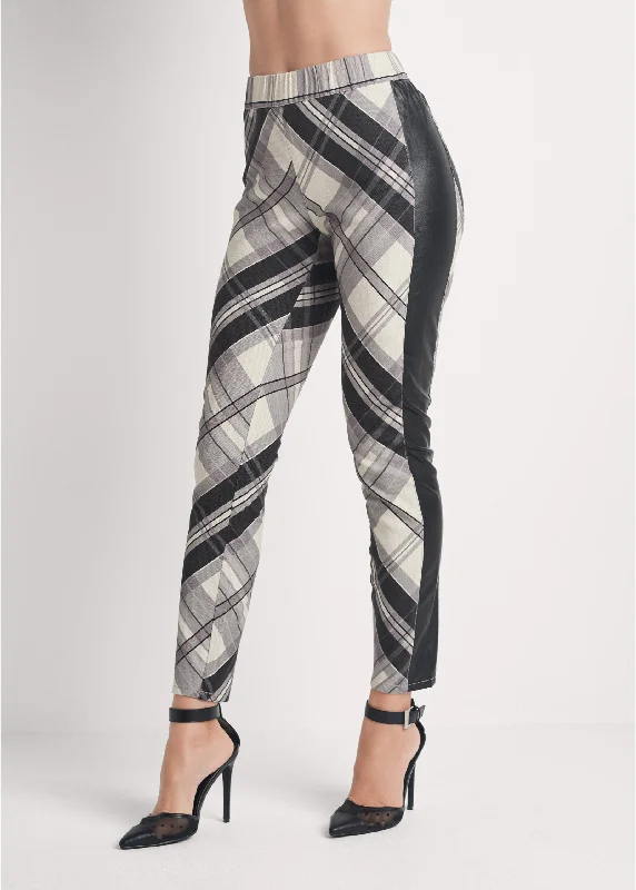 Plaid print pants with faux leather tuxedo stripe - Grey Multi