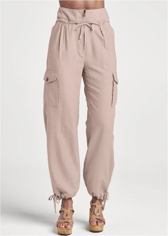 High rise linen cargo pants - Taupe