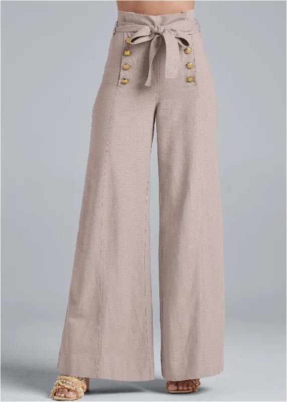 Linen wide leg sailor pants with self belt - Taupe