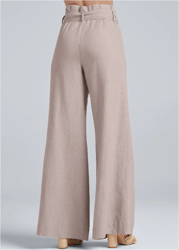 Linen wide leg sailor pants with self belt - Taupe