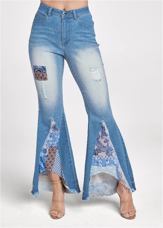 Patchwork frayed flare jeans - Denim Multi