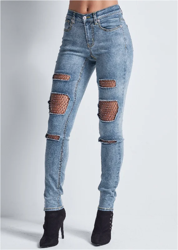 Fishnet inset jeans - Medium Wash