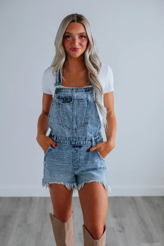 Dylan Hidden Short Overalls - Medium Wash