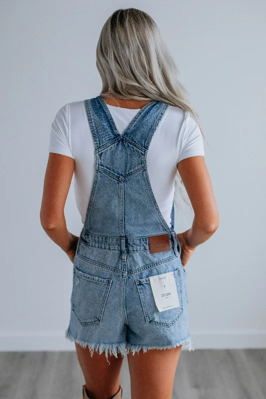 Dylan Hidden Short Overalls - Medium Wash