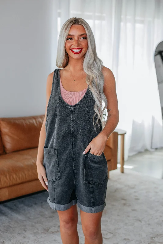 Estie Denim Short Overalls - Charcoal