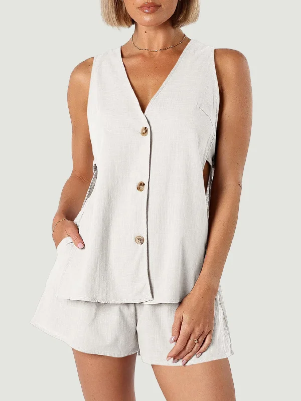 Hot Girl Spring Linen Button Up Top and Shorts Set