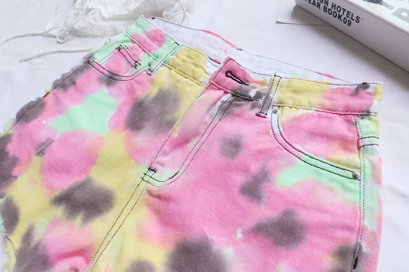 Hot Girl Rainbow Tie Dye Raw Hem Denim Shorts