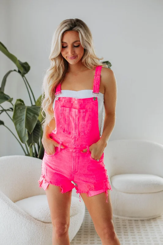 Monroe Risen Short Overalls - Hot Pink