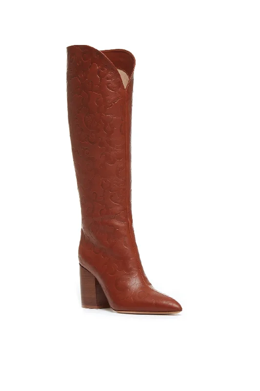 Debossed Cora Knee High Boots in Cognac Leather