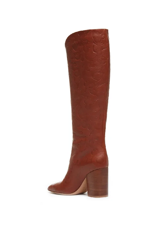 Debossed Cora Knee High Boots in Cognac Leather