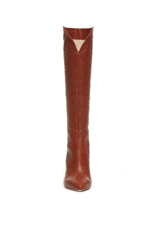 Debossed Cora Knee High Boots in Cognac Leather