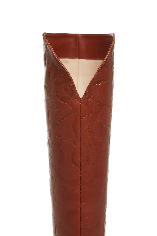 Debossed Cora Knee High Boots in Cognac Leather