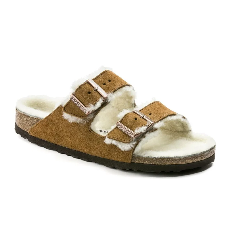 Birkenstock Arizona Slide Sandal (Women) - Mink Suede/Natural Shearling