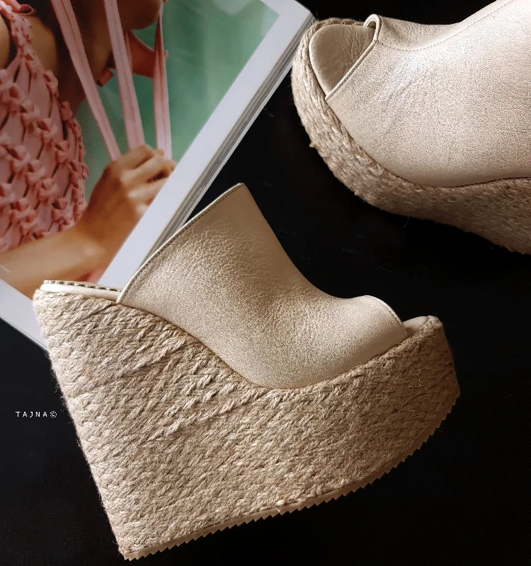 Cream Genuine Leather Espadril Heel Wedge Mules