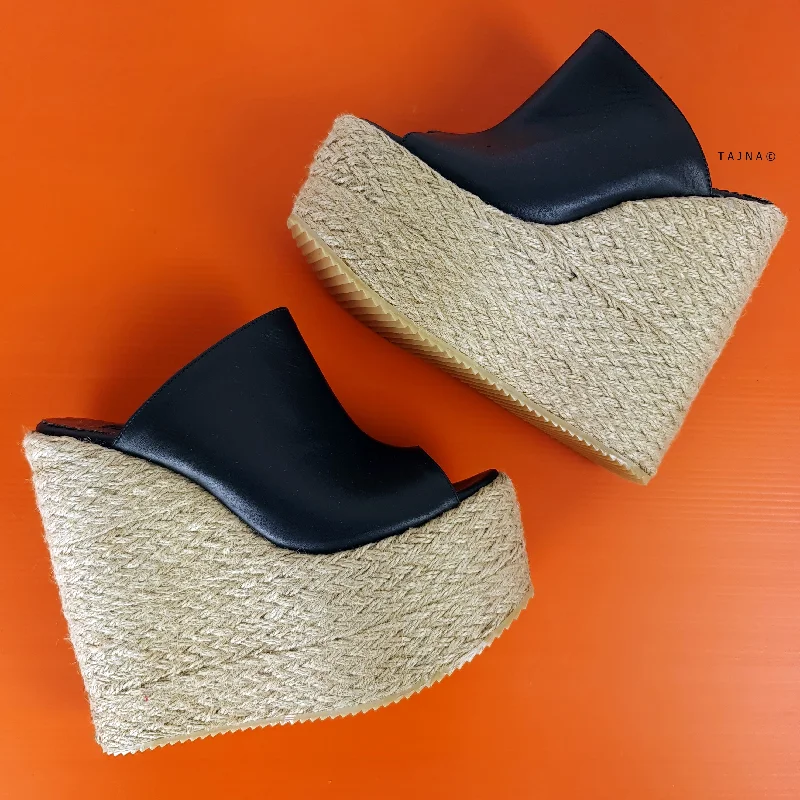 Genuine Leather Espadril Heel Wedge Mules