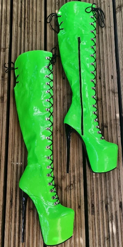 Neon Green Military Style Lace Up Heel Boots