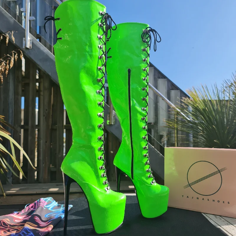 Neon Green Military Style Lace Up Heel Boots