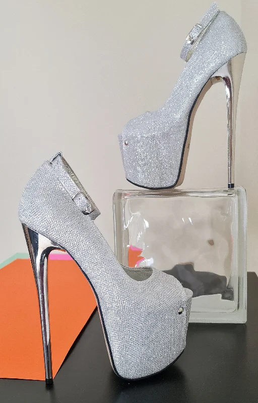 Silver Shimmer Open Toe Ankle Strap Heels